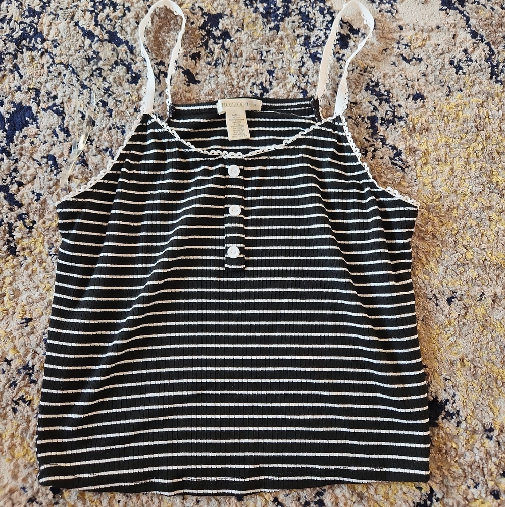 Bozzolo Black and White Striped Lace-Trim Camisole